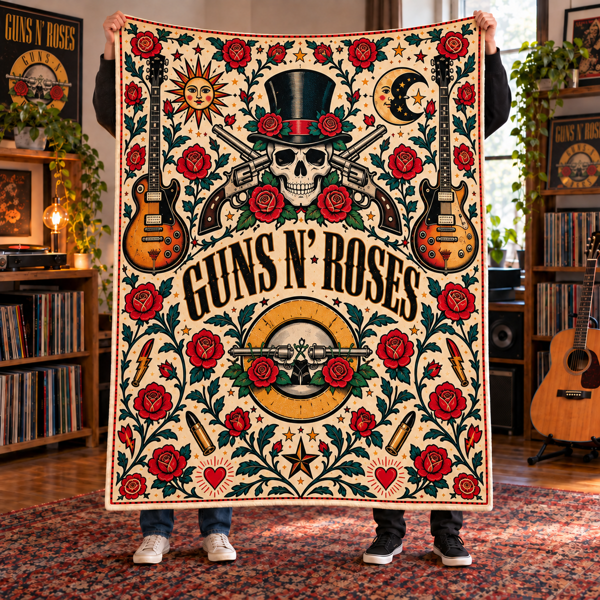Guns N’ Roses Sherpa Blanket – Vintage Rock Band Skull & Roses Fleece Throw, Classic Rock Music Gift for GNR Fans