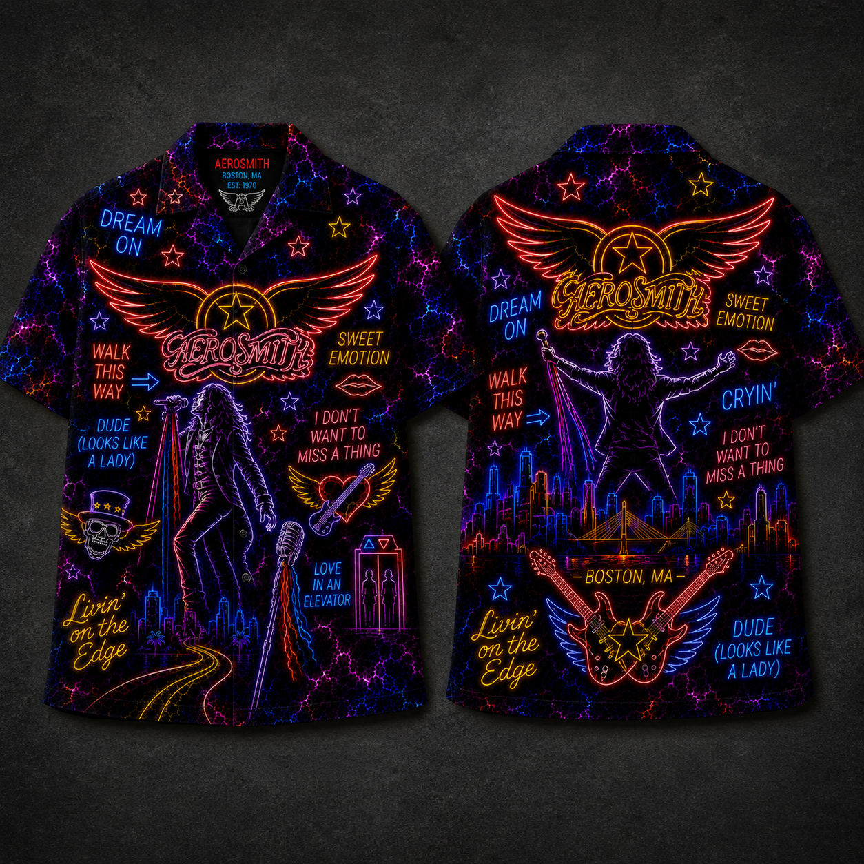 Aerosmith Hawaiian Shirt - Unisex Front Back Neon Light Dream On Button Up