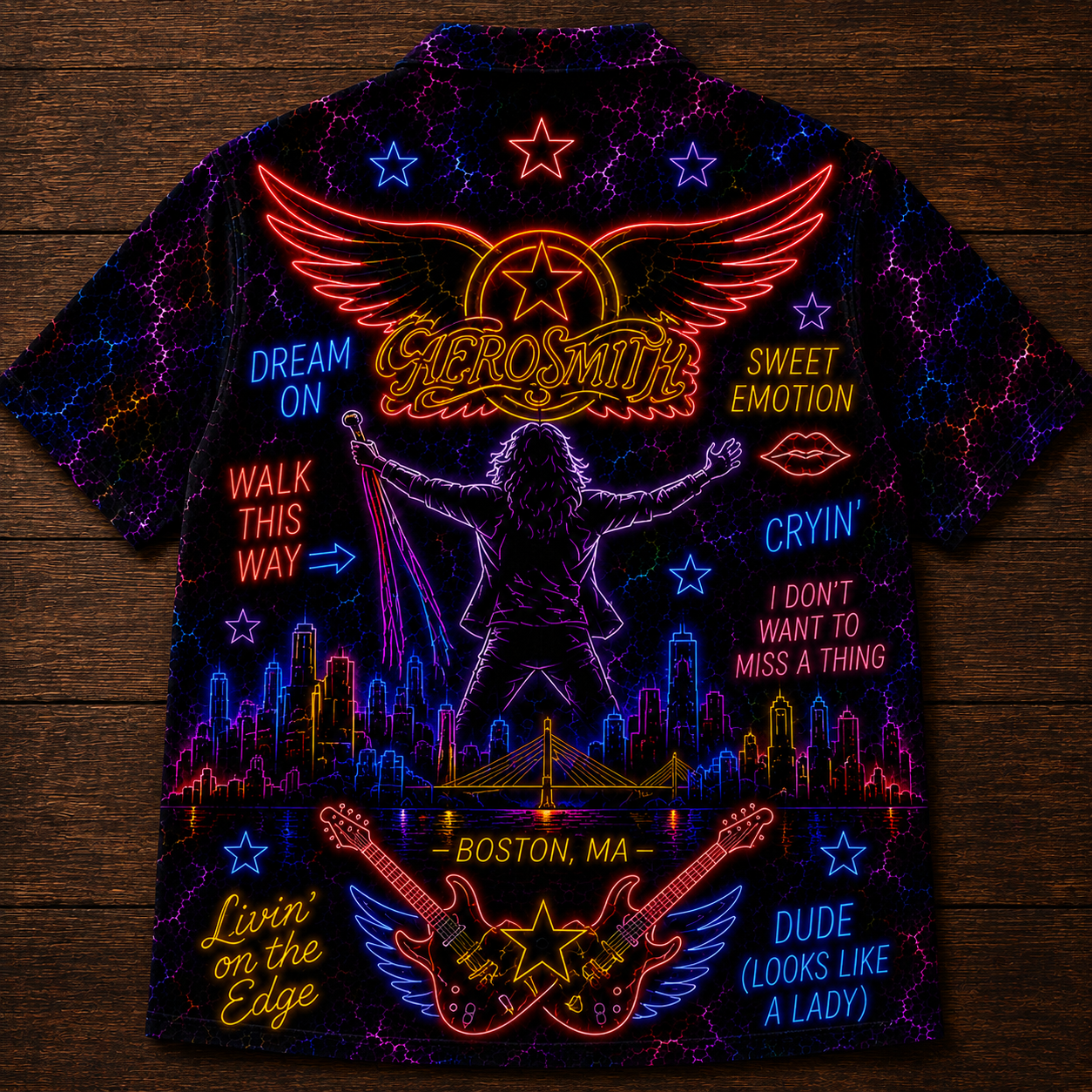 Aerosmith Hawaiian Shirt - Unisex Front Back Neon Light Dream On Button Up