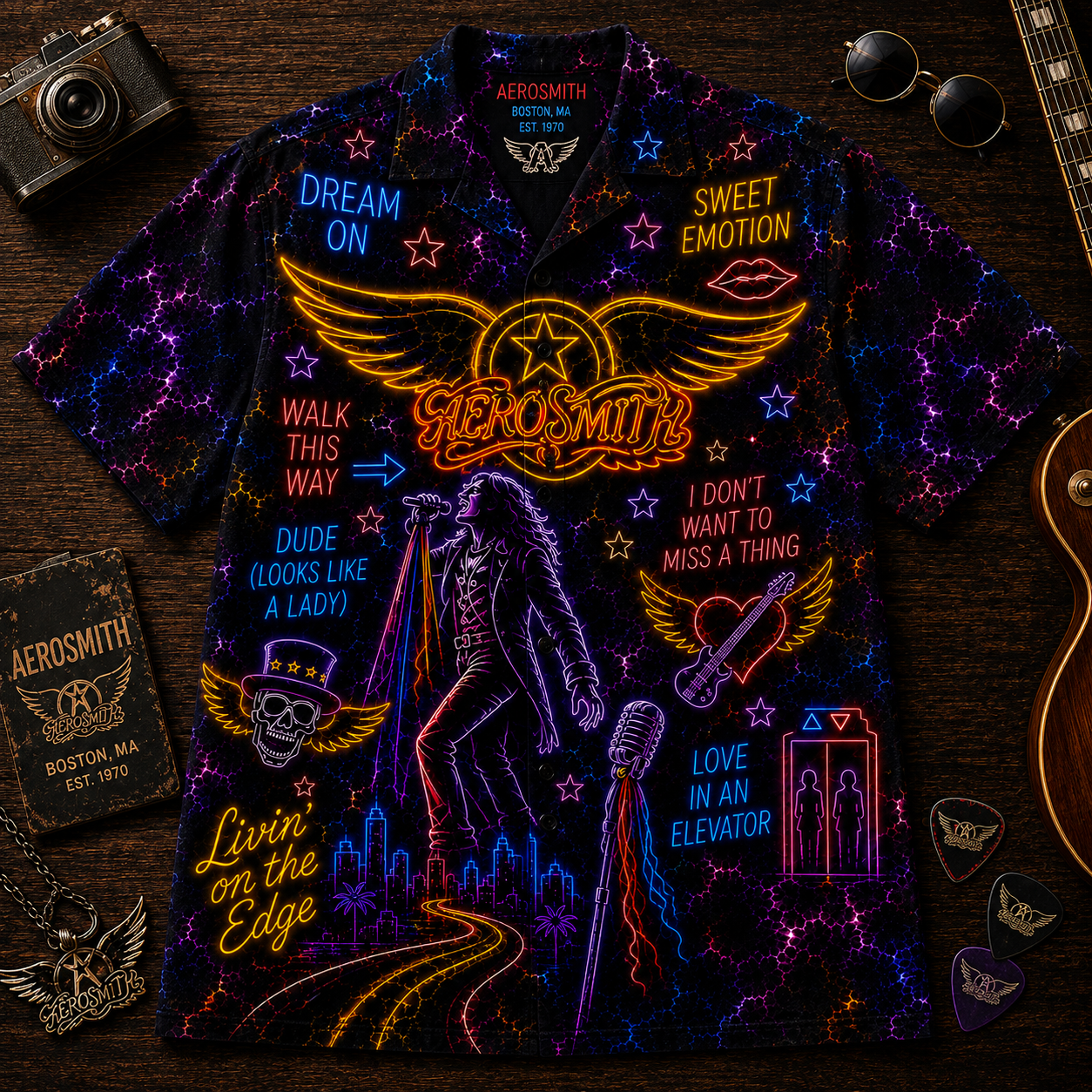 Aerosmith Hawaiian Shirt - Unisex Front Back Neon Light Dream On Button Up