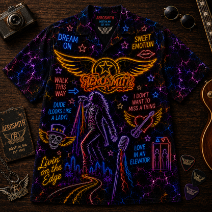 Aerosmith Hawaiian Shirt - Unisex Front Back Neon Light Dream On Button Up