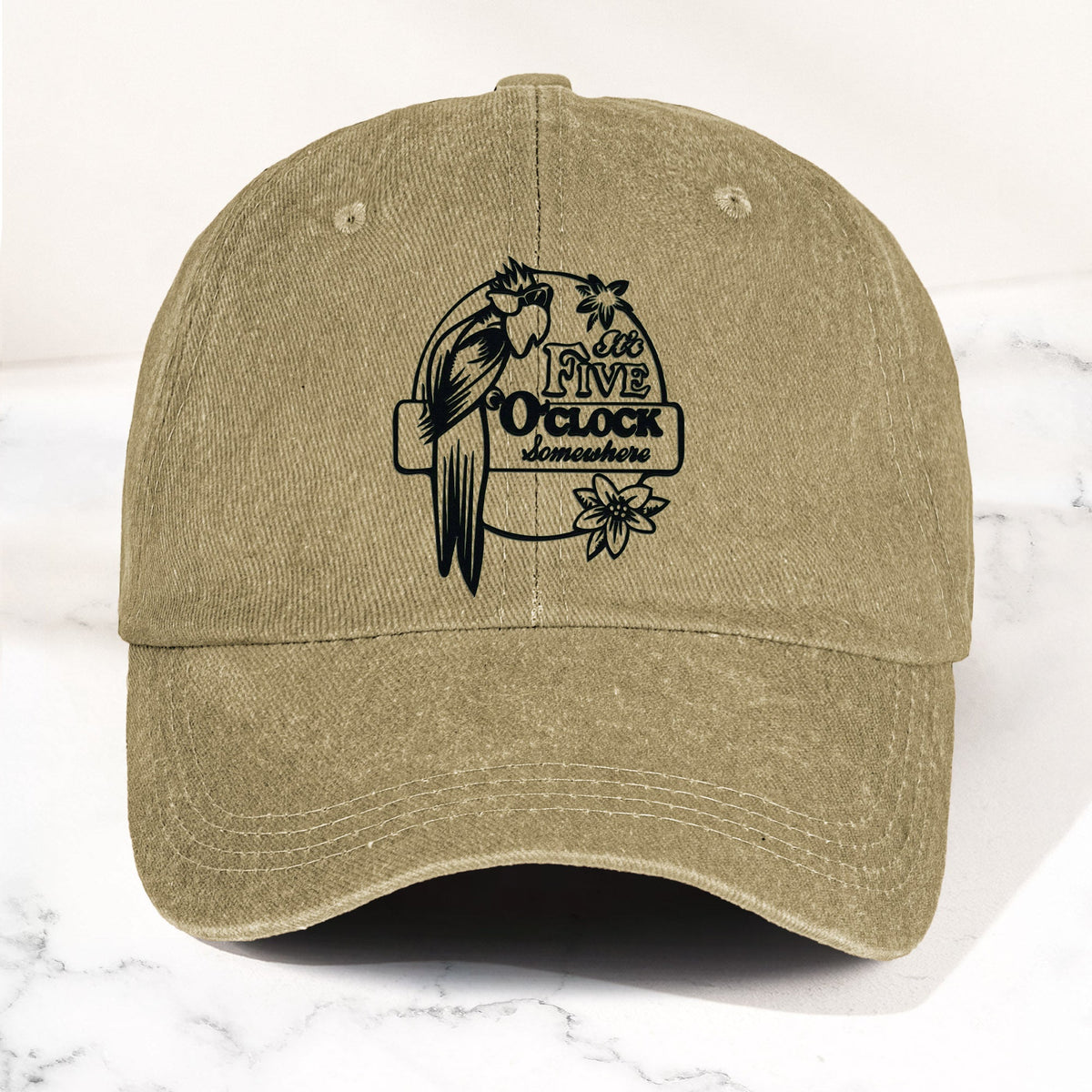It’s Five O’Clock Somewhere Denim Dad Cap – Tropical Parrot Island Vibes Hat (With BOX)