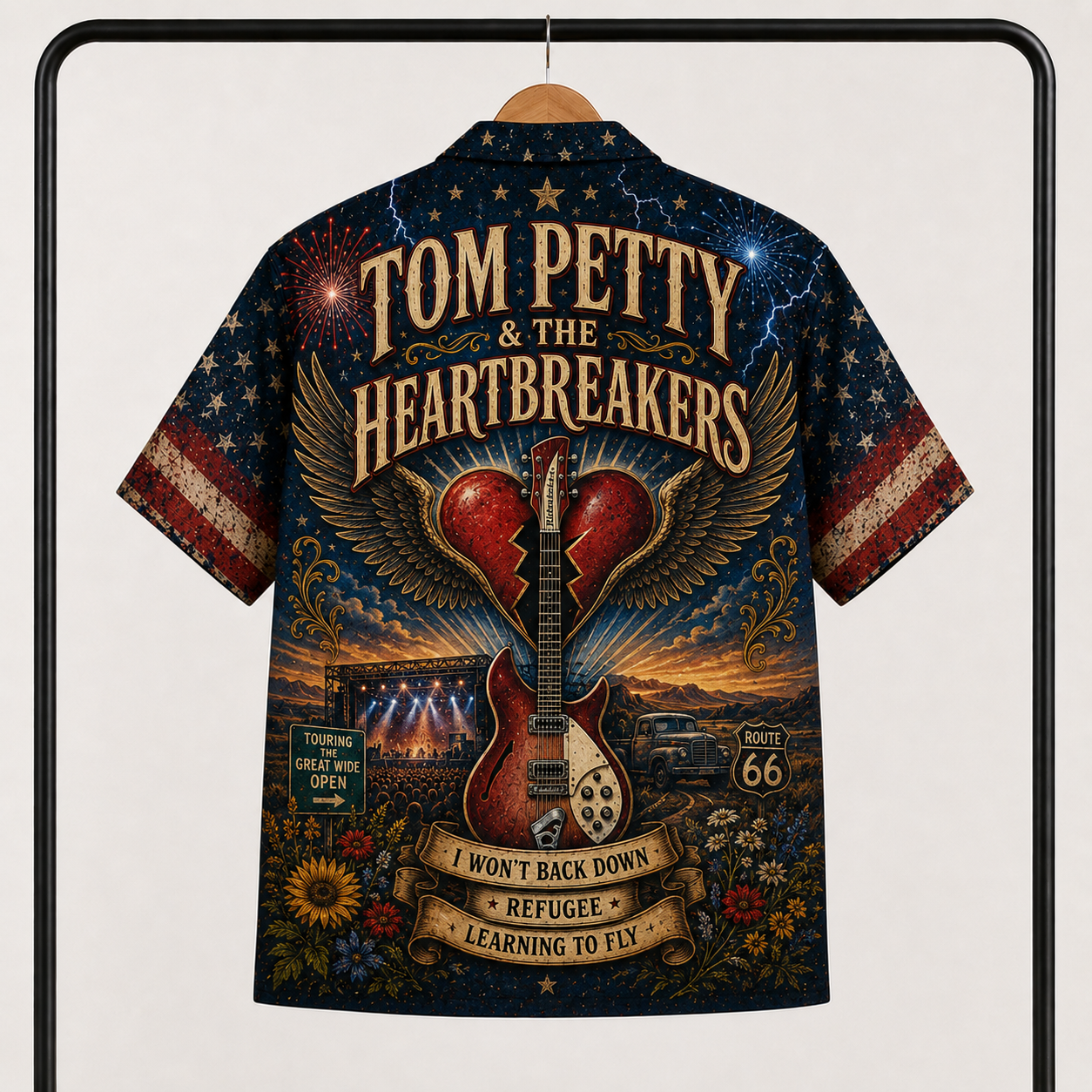Tom Petty Hawaiian Shirt - Unisex Winged Heart Rickenbacker Guitar Button Up