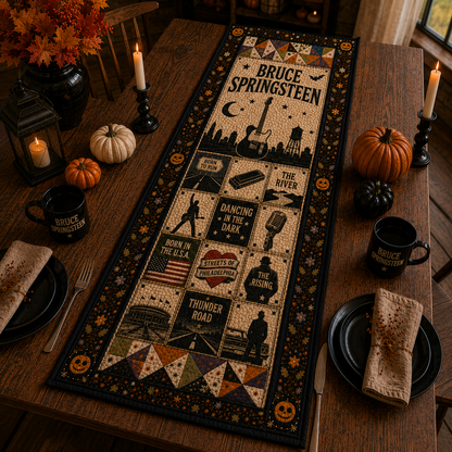 Bruce Springsteen Halloween Table Runner – Quilted Rock Music Fall Table Decor for Fans