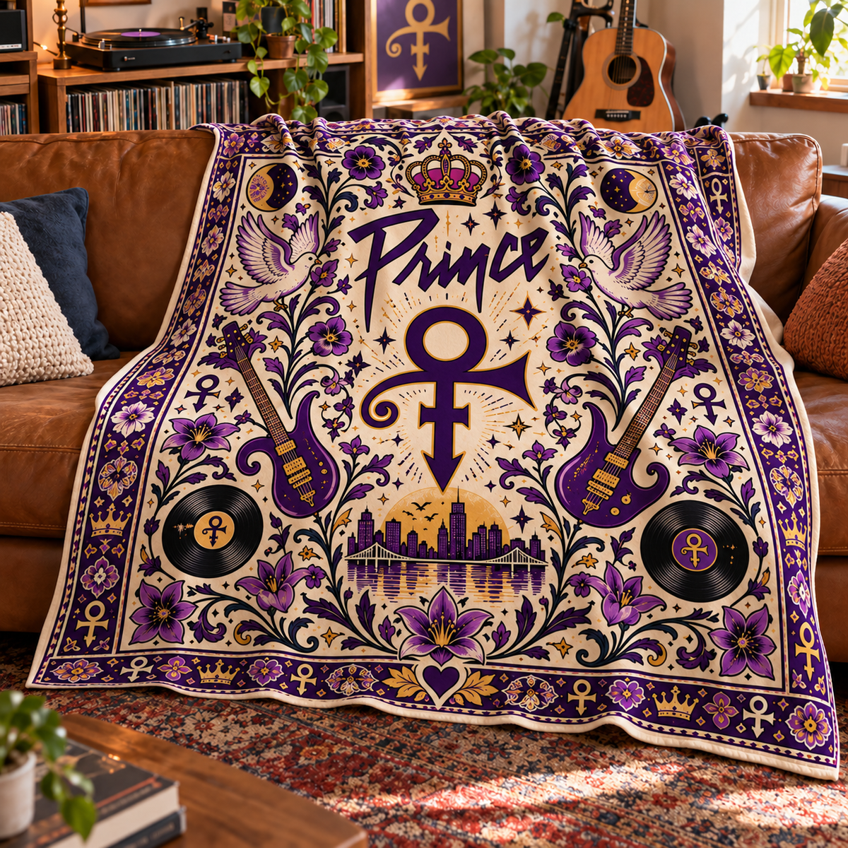 Prince Sherpa Blanket – Purple Rain Inspired Fleece Throw, Love Symbol Music Decor, Retro Rock Gift for Prince Fans & Music Lovers
