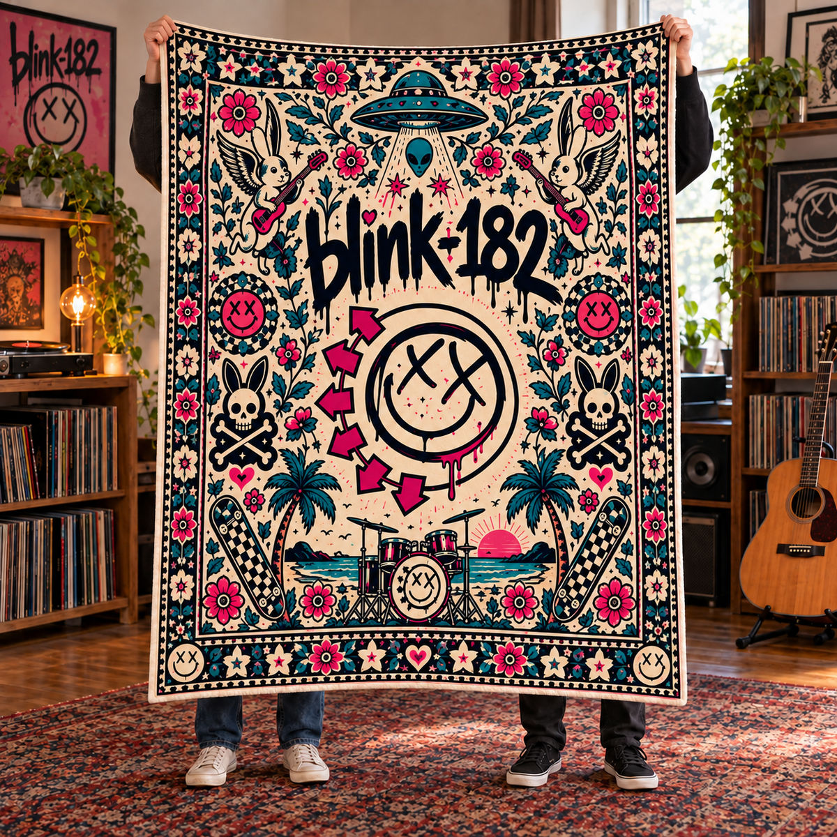 Blink-182 Sherpa Blanket – Pop Punk Smiley Face Fleece Throw, Skate Punk Music Room Decor, Gift for Blink-182 Fans & Rock Lovers