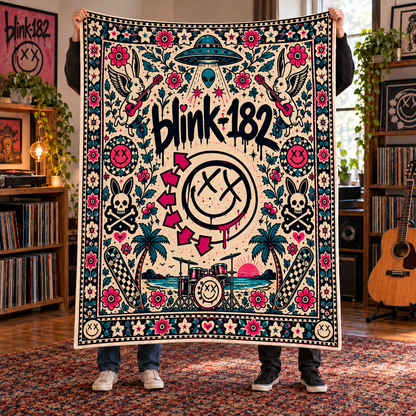 Blink-182 Sherpa Blanket – Pop Punk Smiley Face Fleece Throw, Skate Punk Music Room Decor, Gift for Blink-182 Fans & Rock Lovers