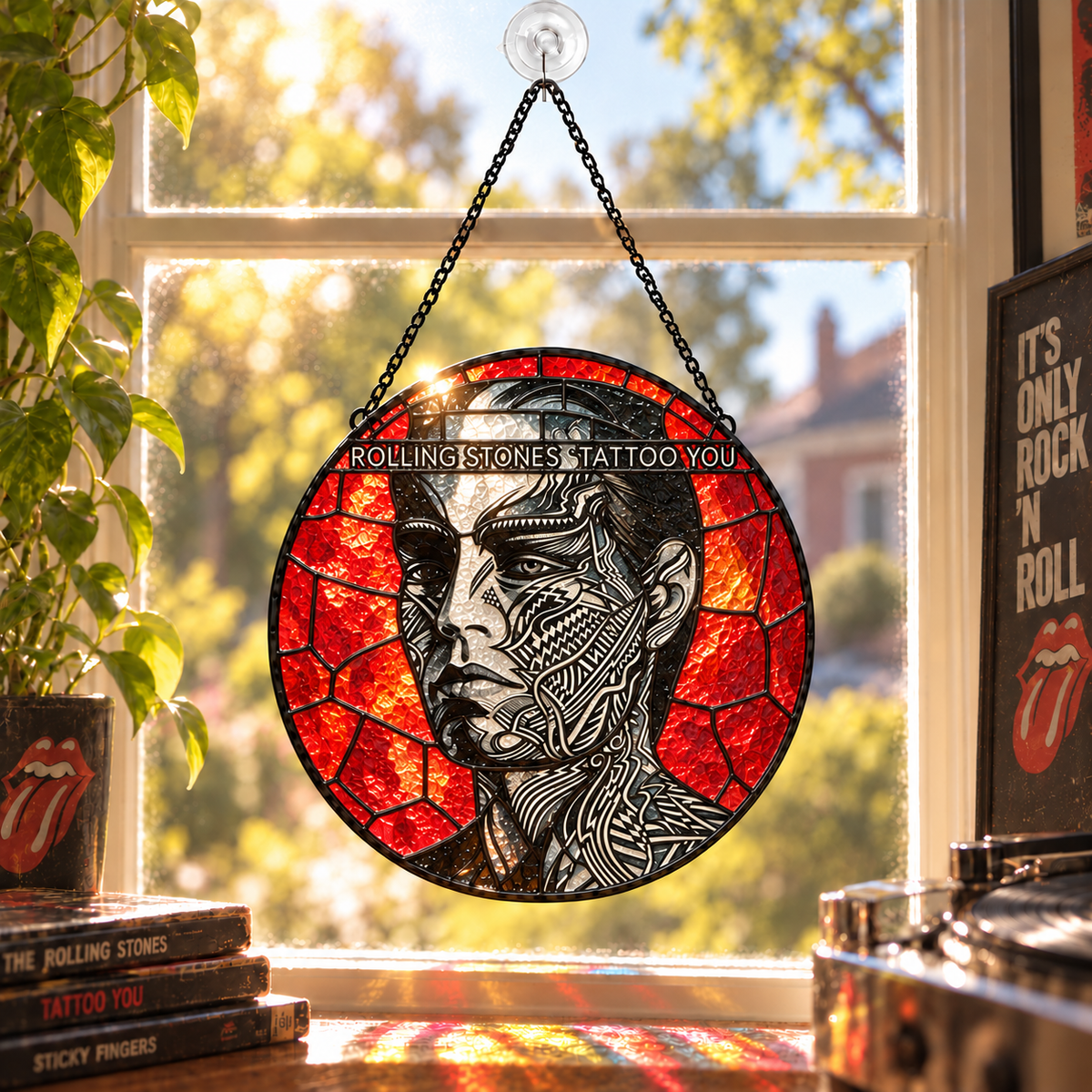 The Rolling Stones Iconic Album Stained Glass Sun Catcher – Retro Rock Music Window Hanging Gift for Fans
