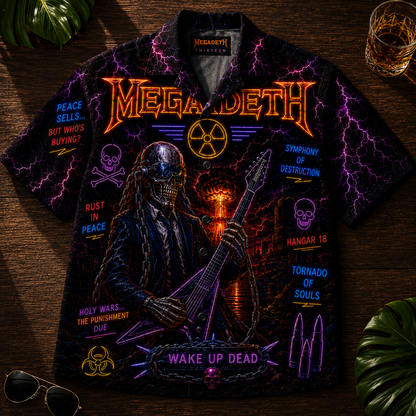 Megadeth Hawaiian Shirt - Unisex Vic Rattlehead Flying V Guitar Button Up