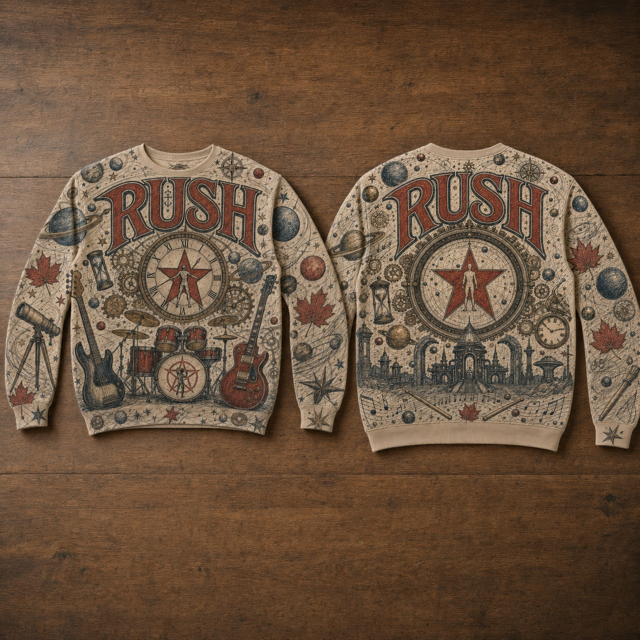 Rush Band Vintage Clockwork Angels Sweatshirt - Prog Rock Celestial Graphic Pullover