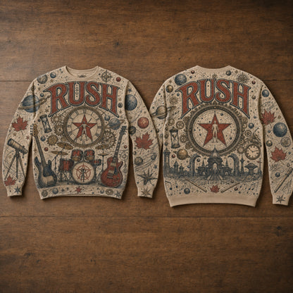 Rush Band Vintage Clockwork Angels Sweatshirt - Prog Rock Celestial Graphic Pullover