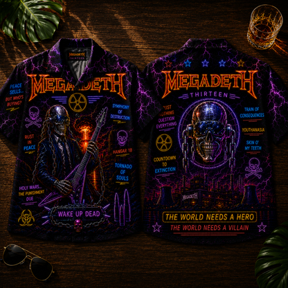 Megadeth Hawaiian Shirt - Unisex Vic Rattlehead Flying V Guitar Button Up