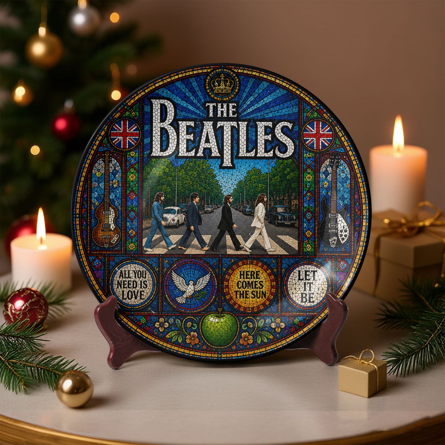 The Beatles Decorative Ceramic Plate with Stand – Stained Glass Abbey Road Rock Art Gift
