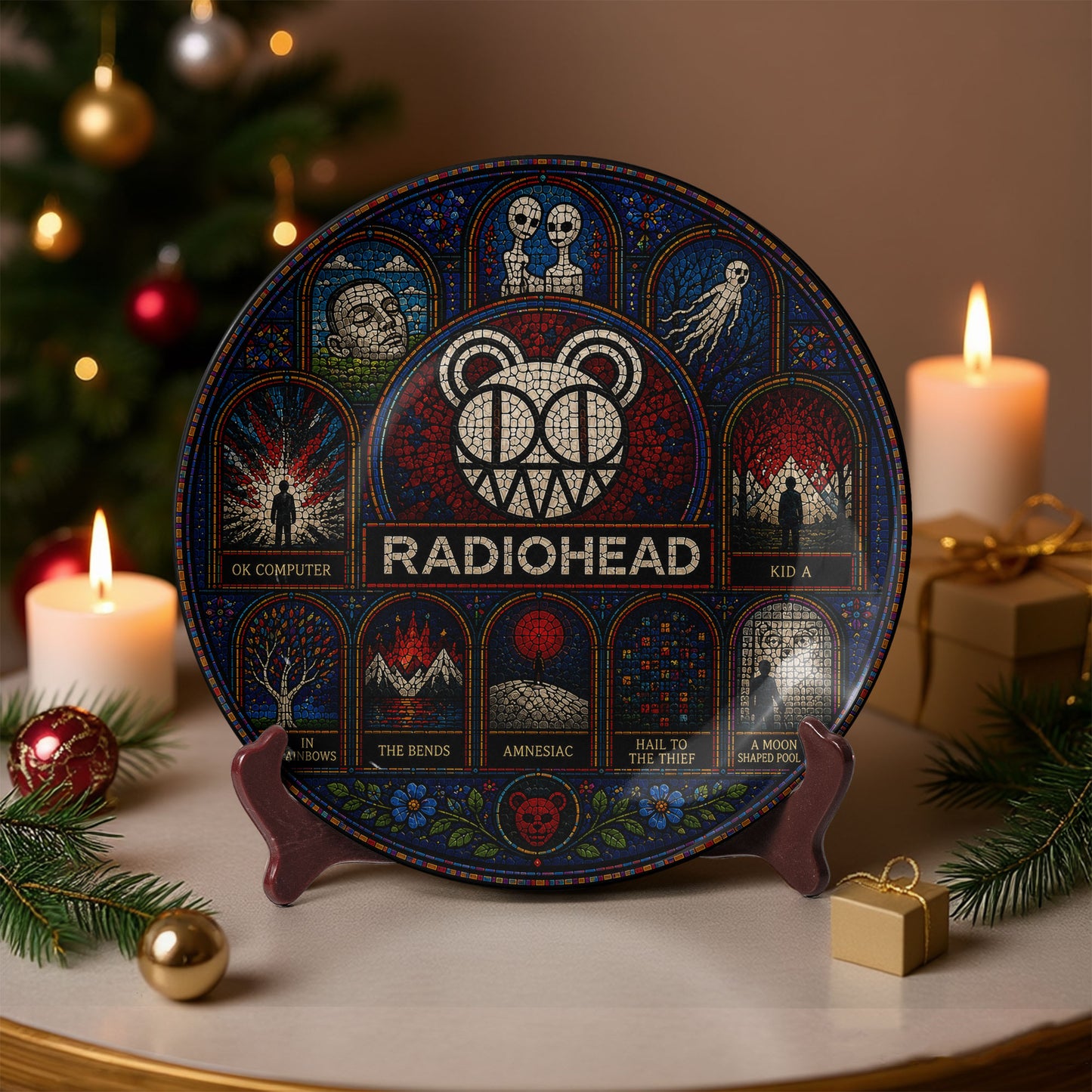 Radiohead Ceramic Display Plate with Stand – OK Computer & Kid A Stained Glass Decor