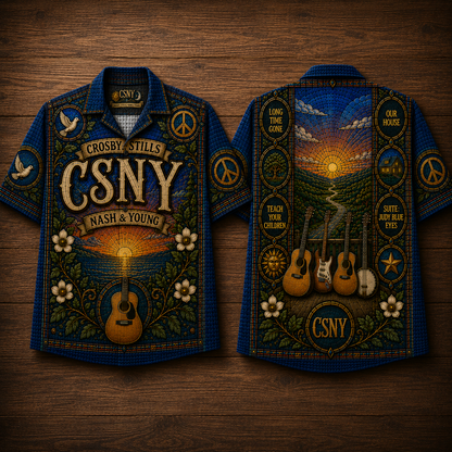 Crosby Stills Nash Young Stained Glass Hawaiian Shirt - Unisex CSNY Peace Sign Button Up