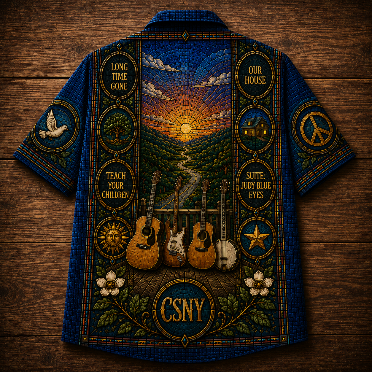 Crosby Stills Nash Young Stained Glass Hawaiian Shirt - Unisex CSNY Peace Sign Button Up