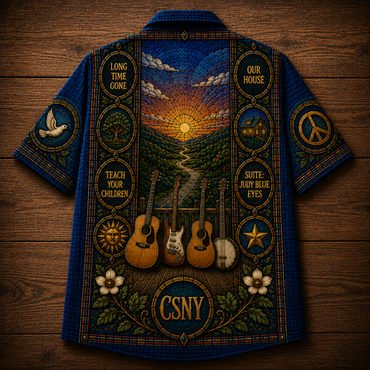 Crosby Stills Nash Young Stained Glass Hawaiian Shirt - Unisex CSNY Peace Sign Button Up