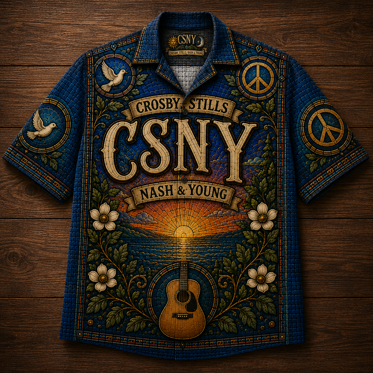Crosby Stills Nash Young Stained Glass Hawaiian Shirt - Unisex CSNY Peace Sign Button Up