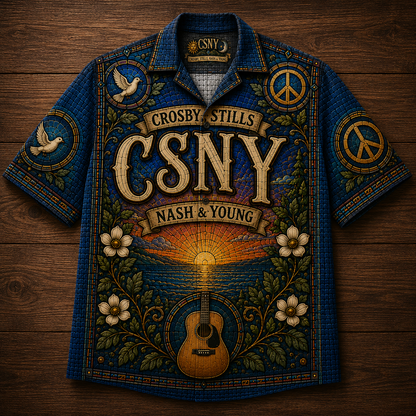 Crosby Stills Nash Young Stained Glass Hawaiian Shirt - Unisex CSNY Peace Sign Button Up