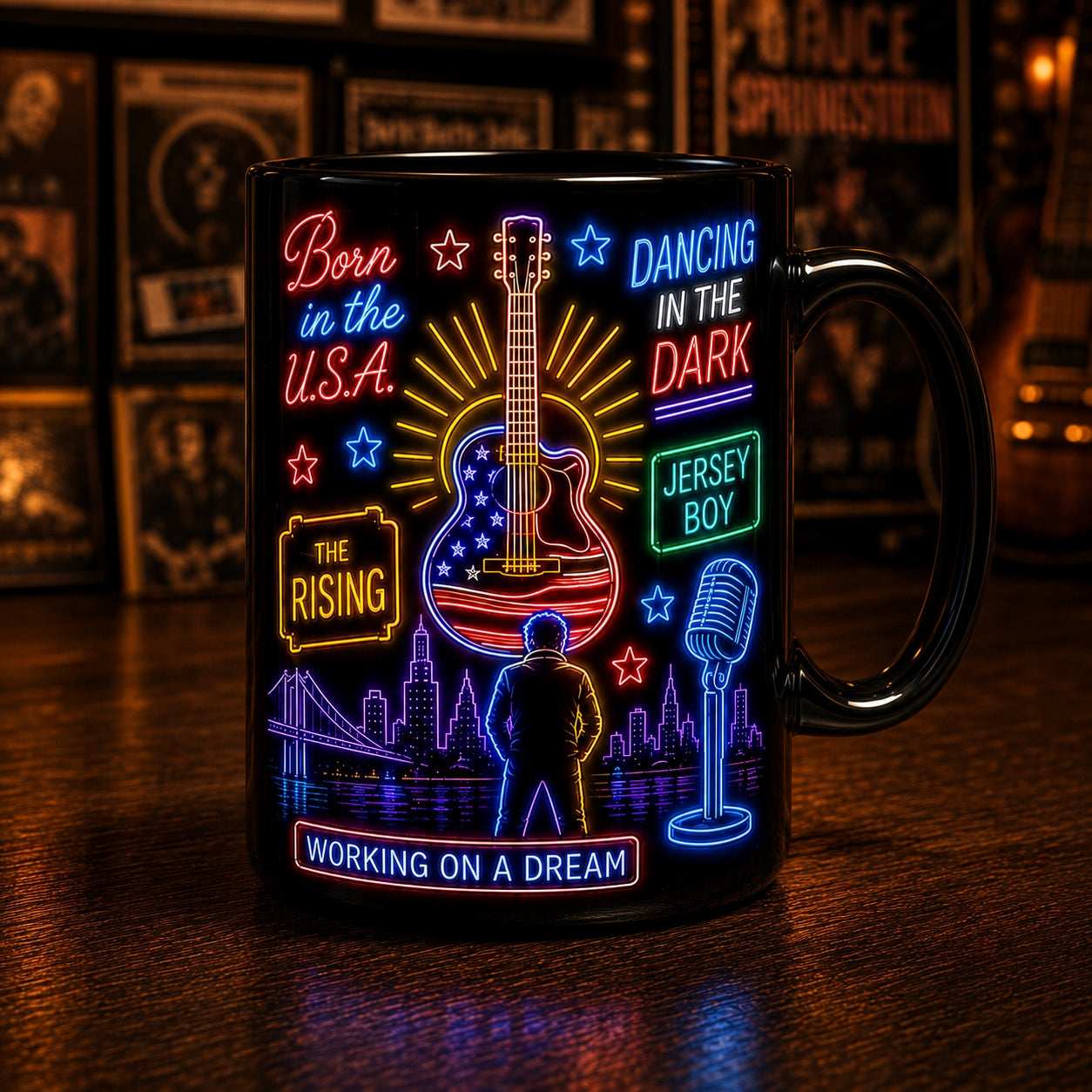 Bruce Springsteen Neon Sign Mug – Glowing Born To Run The Boss Rock Coffee Cup