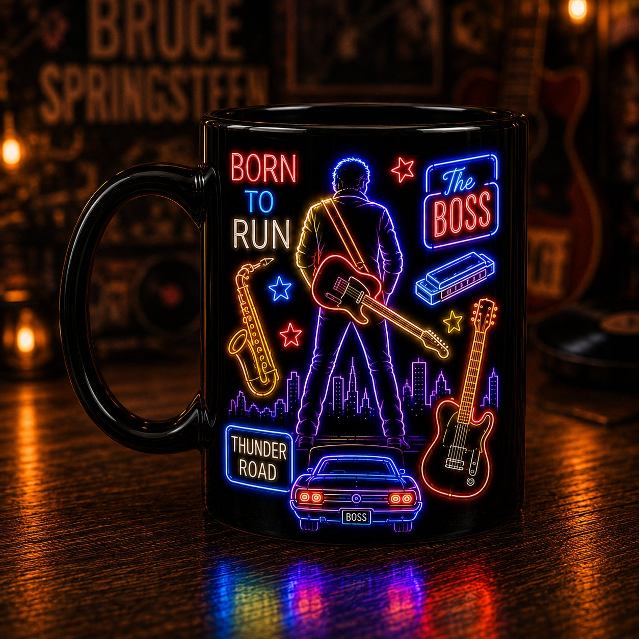 Bruce Springsteen Neon Sign Mug – Glowing Born To Run The Boss Rock Coffee Cup