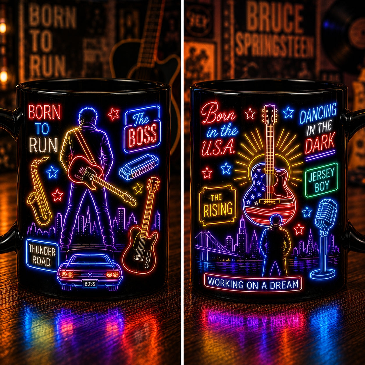 Bruce Springsteen Neon Sign Mug – Glowing Born To Run The Boss Rock Coffee Cup