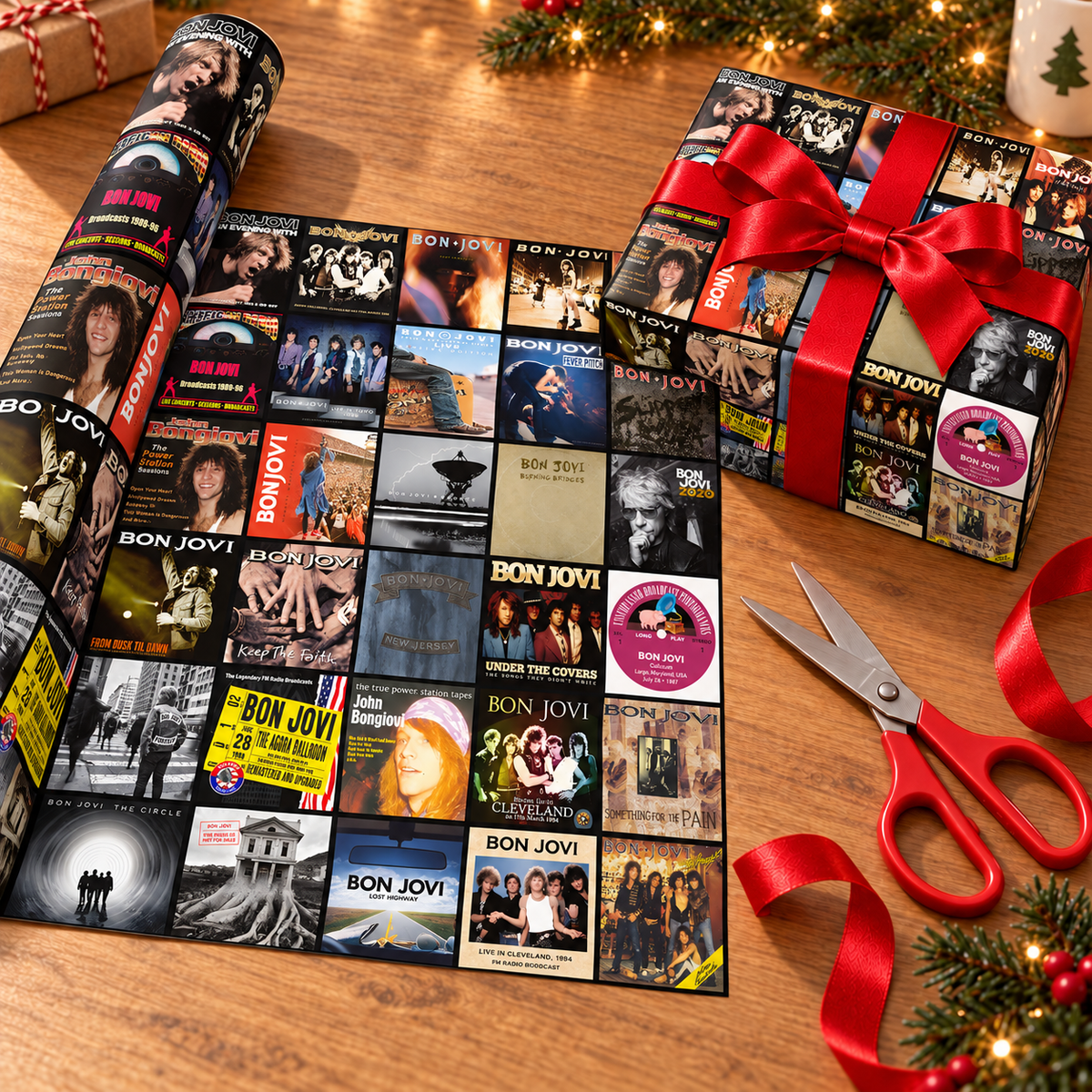 Bon Jovi Album Cover Wrapping Paper Roll – Classic Rock Music Gift Wrap, Vintage Album Collage Christmas Wrapping Paper for Bon Jovi Fans