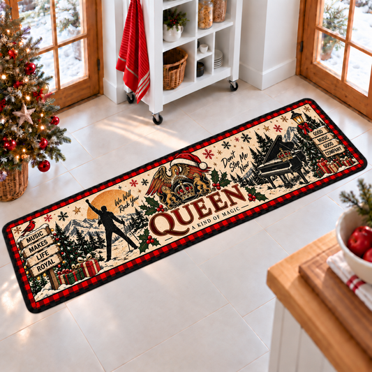 Queen Christmas Runner Rug, A Kind of Magic Holiday Kitchen Runner, We Will Rock You Classic Rock Christmas Decor