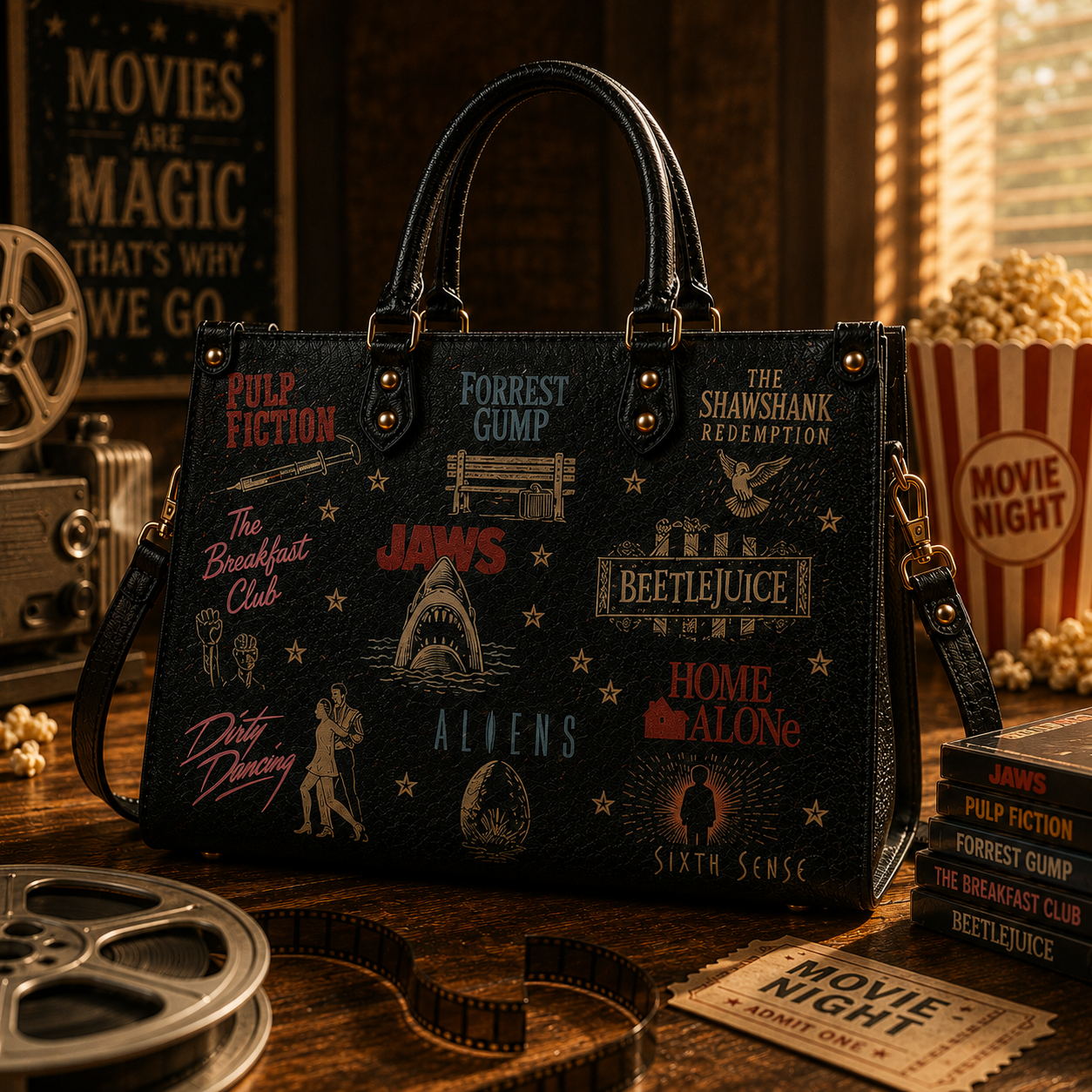 Classic Movie Legends Faux Leather Handbag – Vintage Cinema Shoulder Tote Bag for Movie Lovers