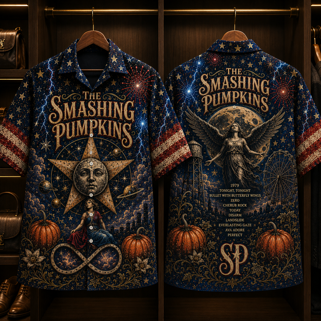 The Smashing Pumpkins Hawaiian Shirt - Unisex Celestial Moon Star Pumpkin Button Up