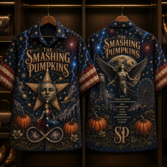 The Smashing Pumpkins Hawaiian Shirt - Unisex Celestial Moon Star Pumpkin Button Up
