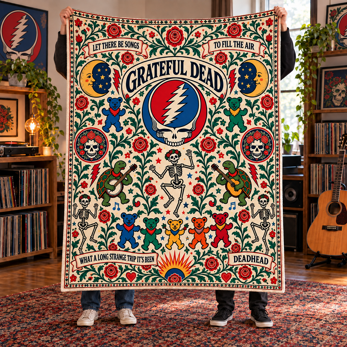 Grateful Dead Sherpa Blanket – Steal Your Face, Dancing Bears & Roses Fleece Throw, Deadhead Gift, Psychedelic Rock Music Decor