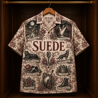 Suede Hawaiian Shirt - Unisex Vintage Toile De Jouy Beautiful Ones Button Up
