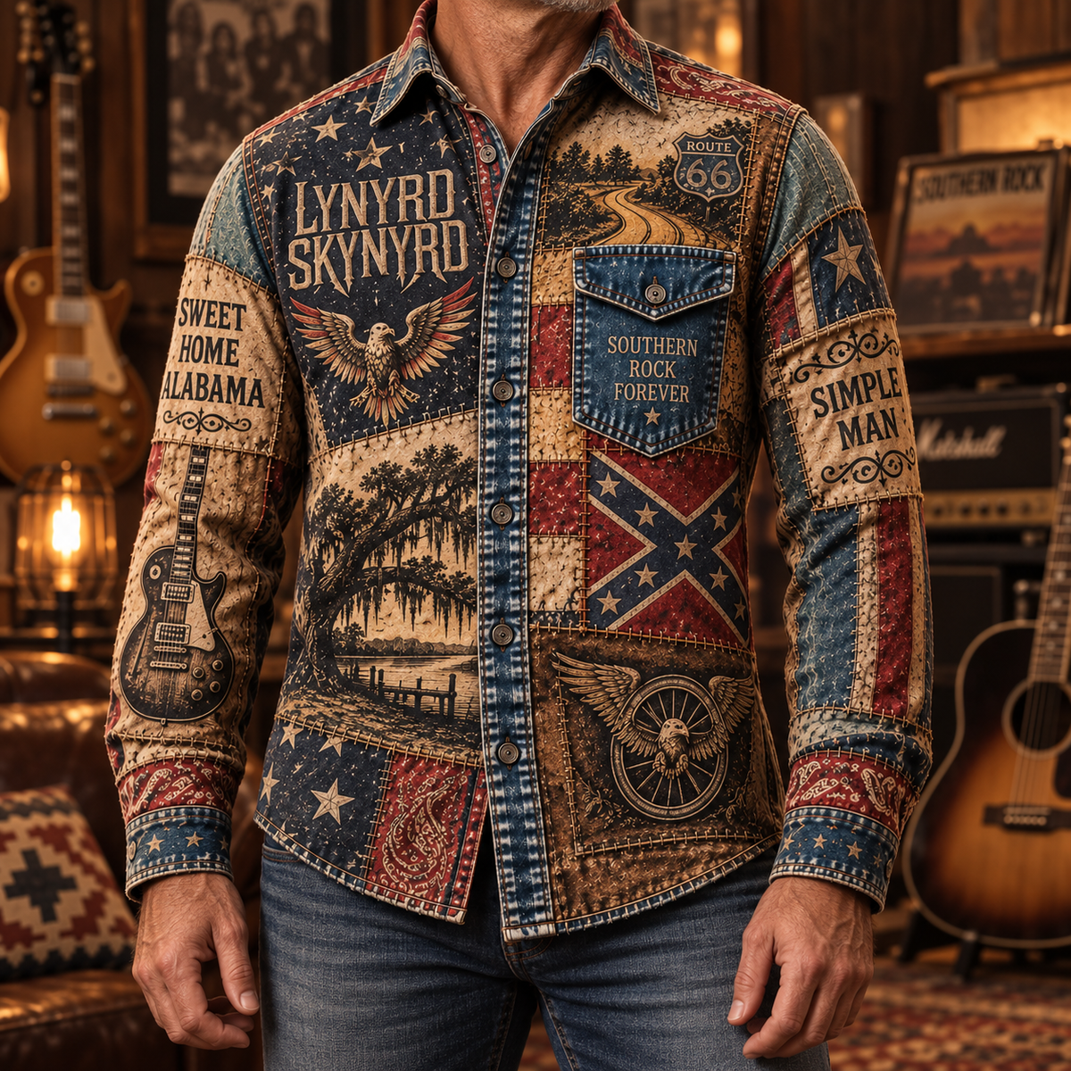 Lynyrd Skynyrd Patchwork Long Sleeve Shirt – Sweet Home Alabama, Simple Man & Southern Rock Vintage Button Up, Classic Rock Fan Gift