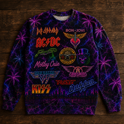 Vintage 80s Hard Rock Band Neon Sweatshirt - Glam Metal Retro Graphic Pullover