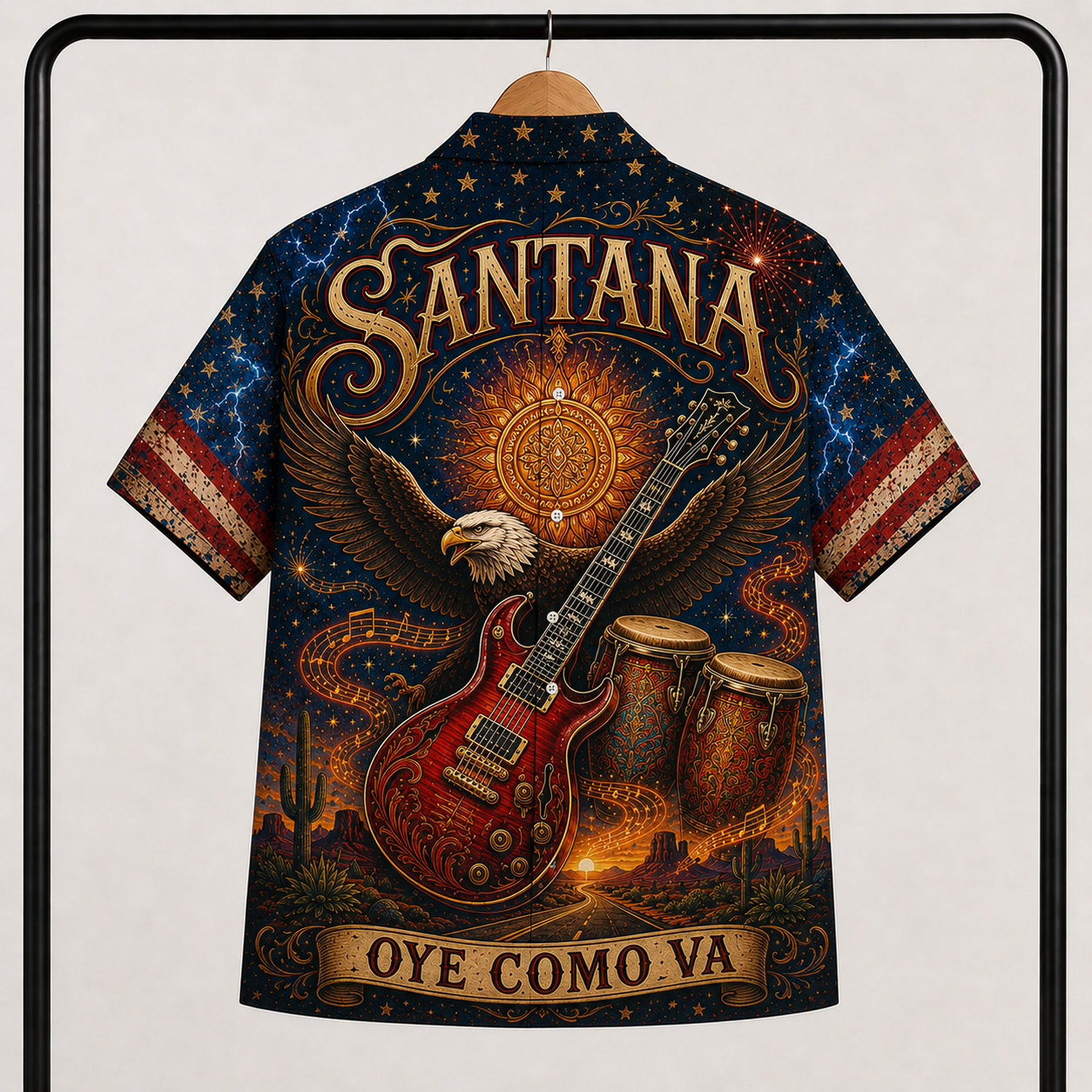 Santana Band Hawaiian Shirt - Unisex Vintage Aztec Sun Oye Como Va Button Up