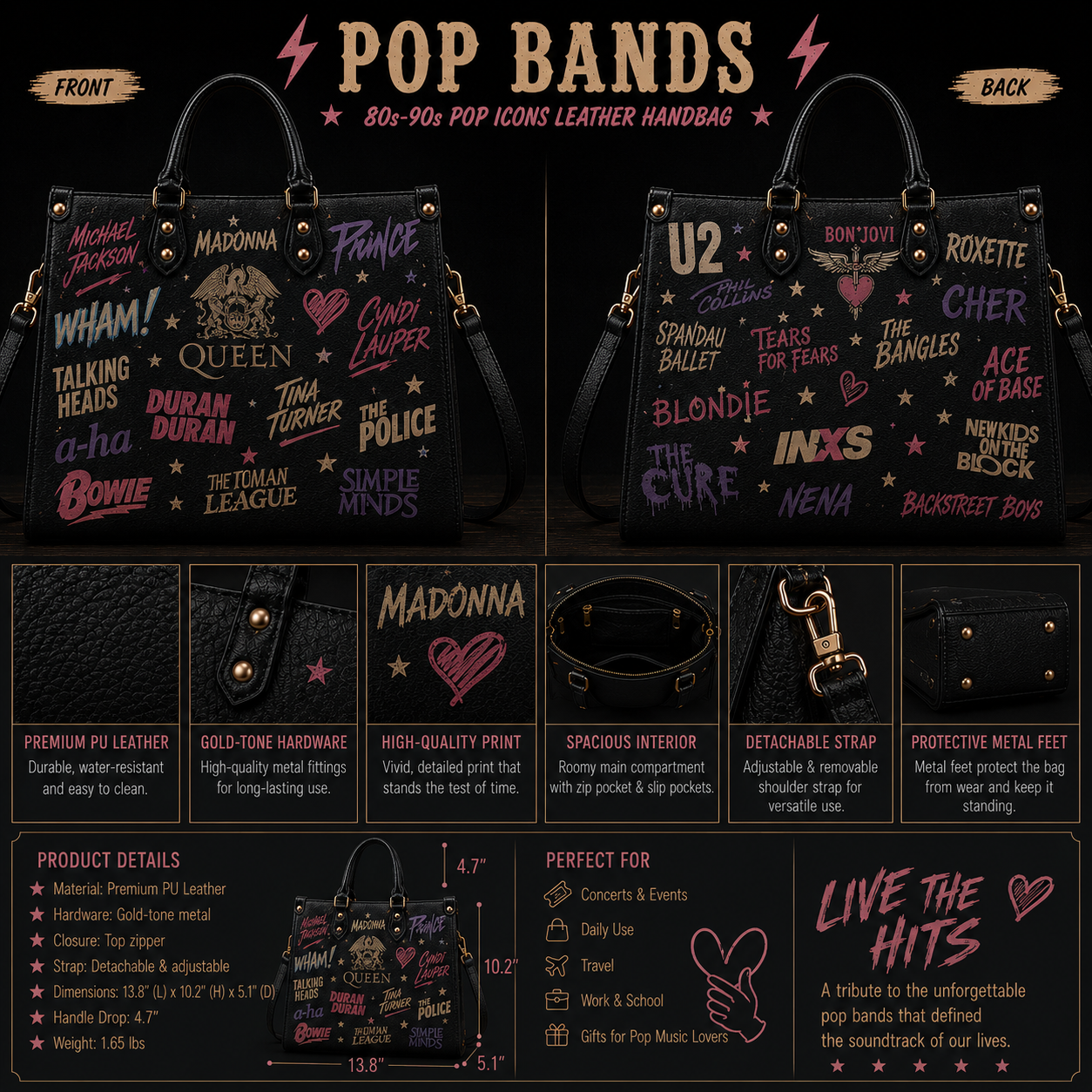 80s Pop Icons Faux Leather Handbag – Vintage Retro Music Shoulder Tote Bag for 80s Music Lovers