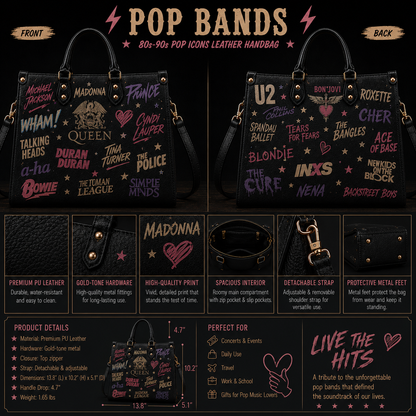 80s Pop Icons Faux Leather Handbag – Vintage Retro Music Shoulder Tote Bag for 80s Music Lovers