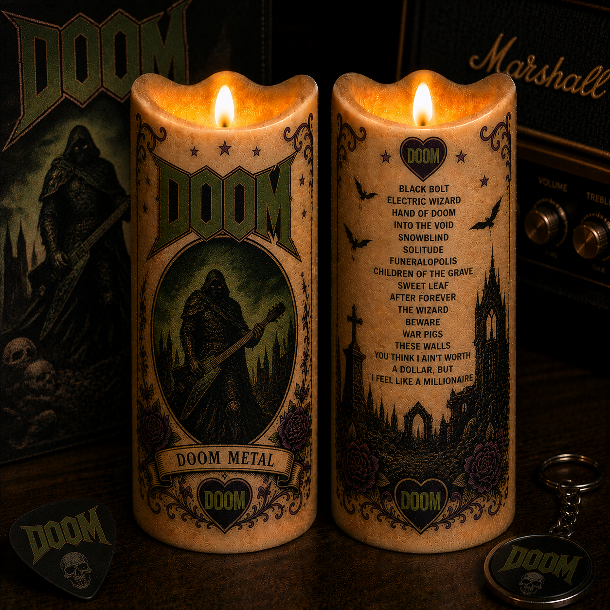 DOOM Flameless LED Candle, Doom Metal Music Candle, Gothic Rock Fan Gift, Battery Operated LED Home Decor