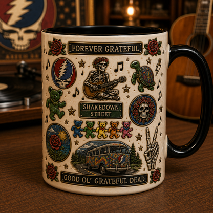Grateful Dead Mug – Steal Your Face Coffee Cup, Dancing Bears & Roses Gift for Deadheads