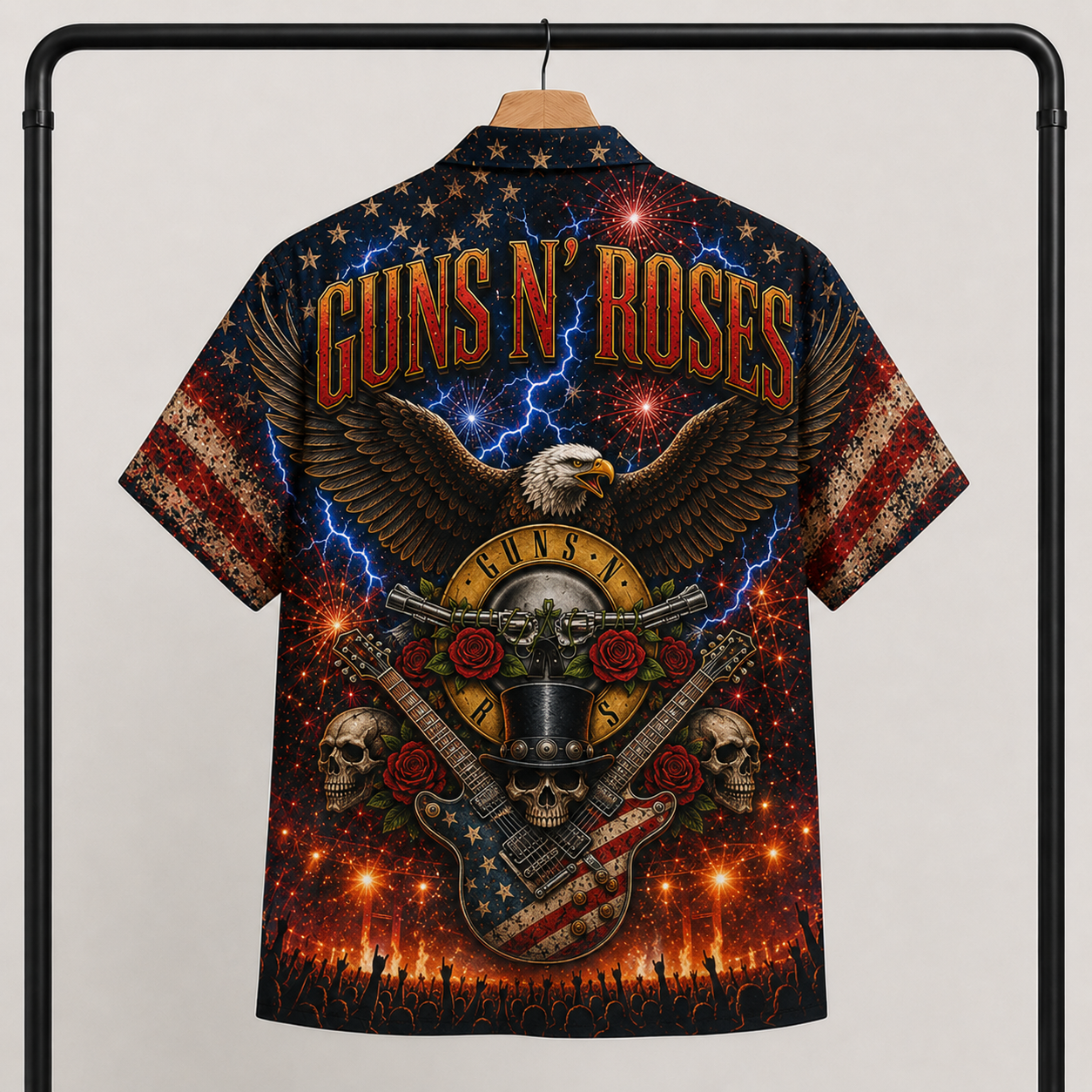 Guns N' Roses Hawaiian Shirt - Patriotic Eagle Skull Guitar Artwork - Classic Hard Rock Band Aloha Shirt