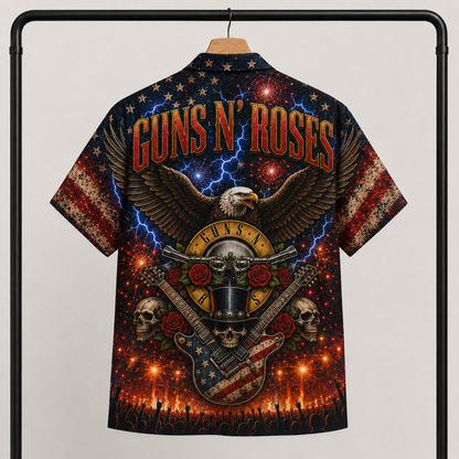 Guns N' Roses Hawaiian Shirt - Patriotic Eagle Skull Guitar Artwork - Classic Hard Rock Band Aloha Shirt