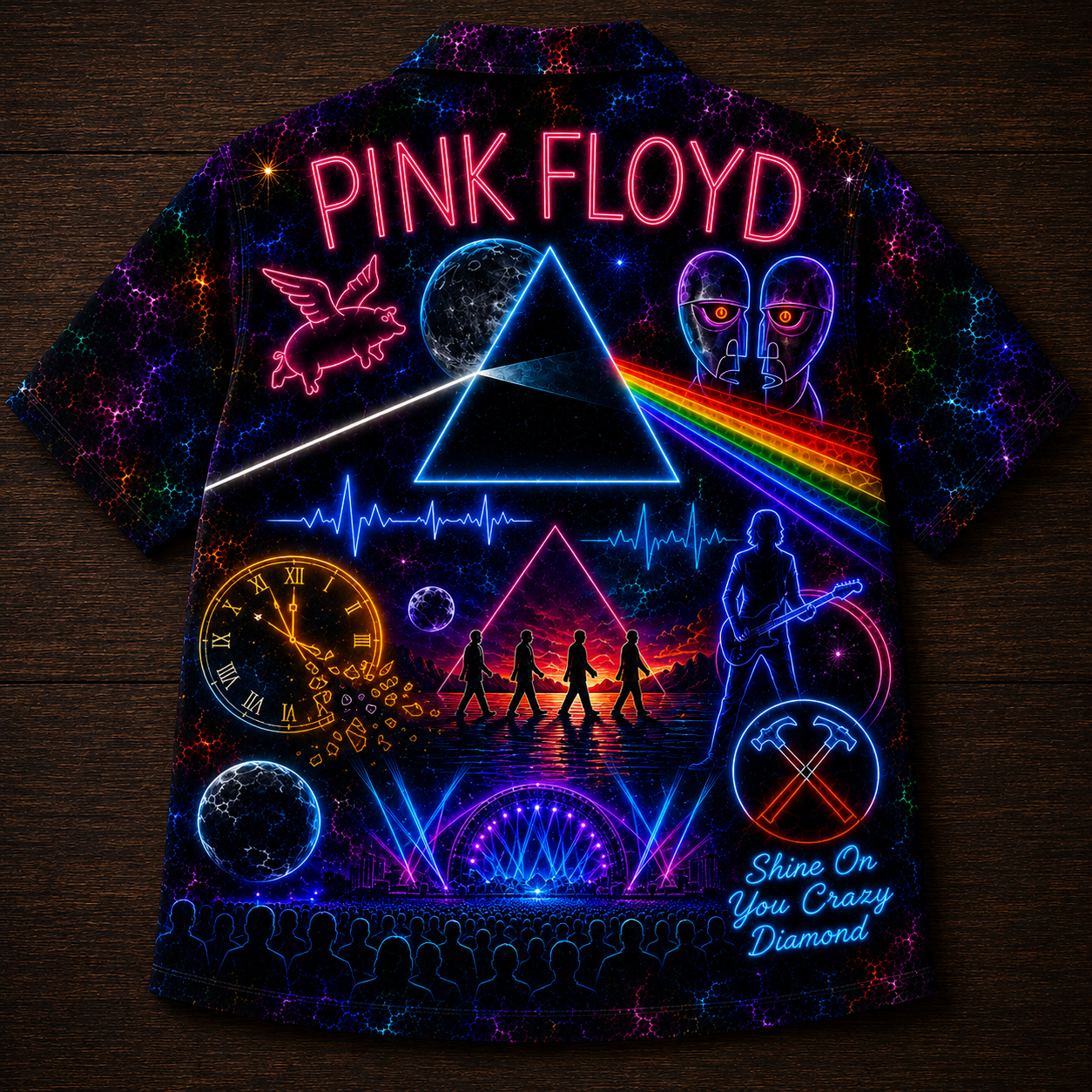 Pink Floyd Hawaiian Shirt - Unisex Neon Light Dark Side Of The Moon Prism Button Up