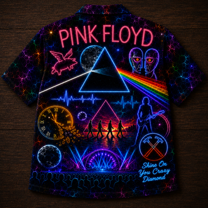 Pink Floyd Hawaiian Shirt - Unisex Neon Light Dark Side Of The Moon Prism Button Up
