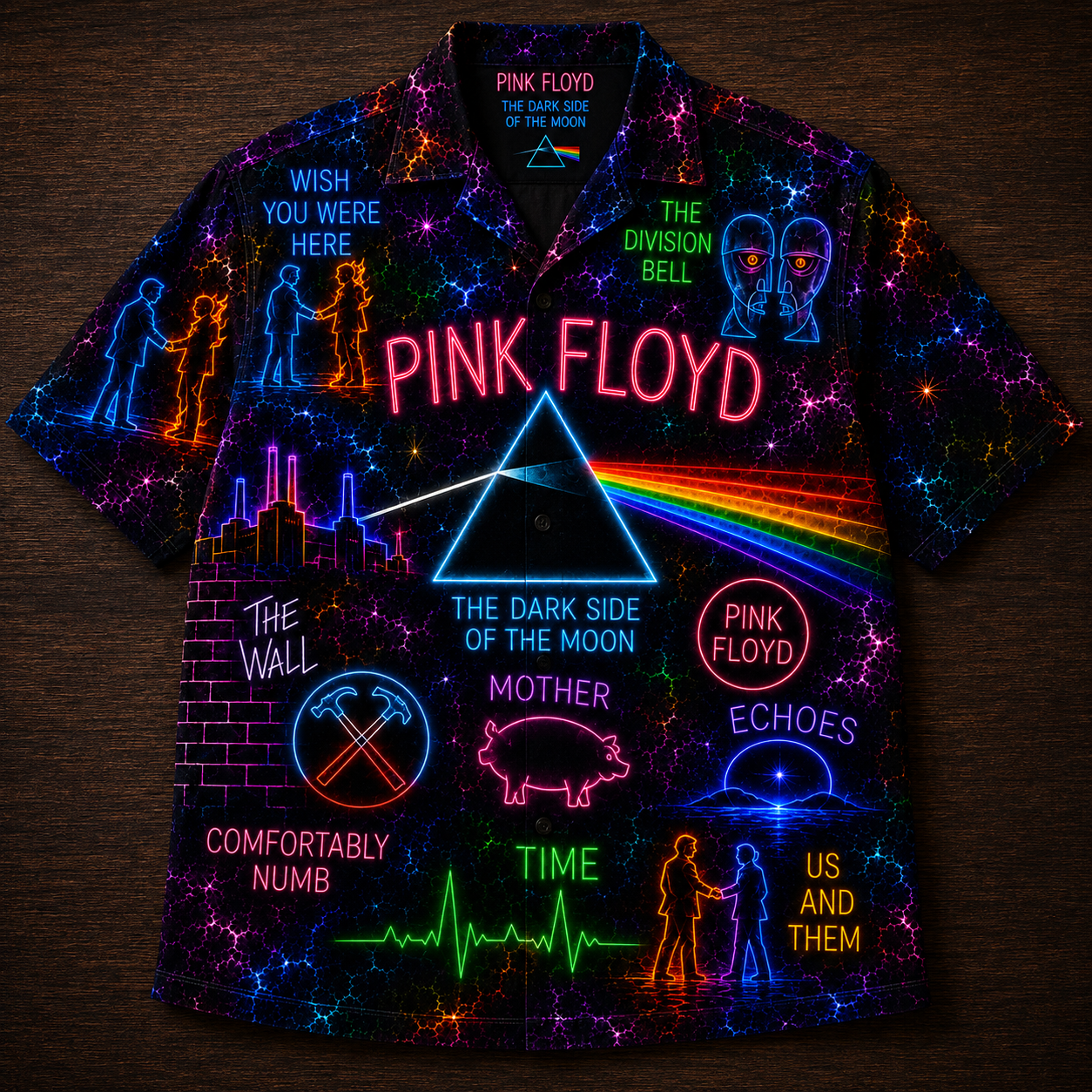 Pink Floyd Hawaiian Shirt - Unisex Neon Light Dark Side Of The Moon Prism Button Up