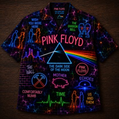 Pink Floyd Hawaiian Shirt - Unisex Neon Light Dark Side Of The Moon Prism Button Up