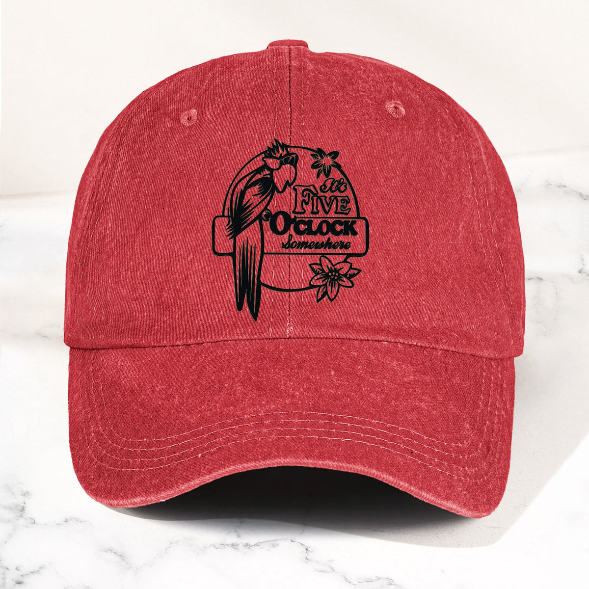 It’s Five O’Clock Somewhere Denim Dad Cap – Tropical Parrot Island Vibes Hat (With BOX)
