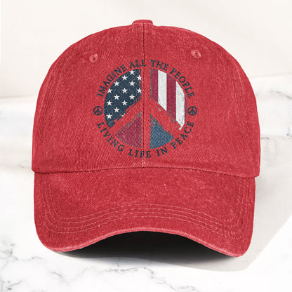 John Lennon Imagine All The People Living Life In Peace Sign American Flag Denim Cap – Retro Vintage Dad Cap Gift For Dad (With Box)