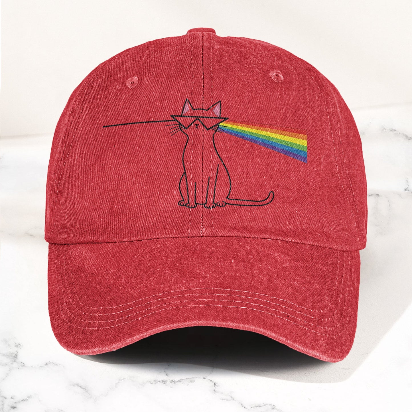 Pink Floyd Inspired Rainbow Prism Cat Pride Vintage Denim Cap – Retro Dad Cap (With Box)