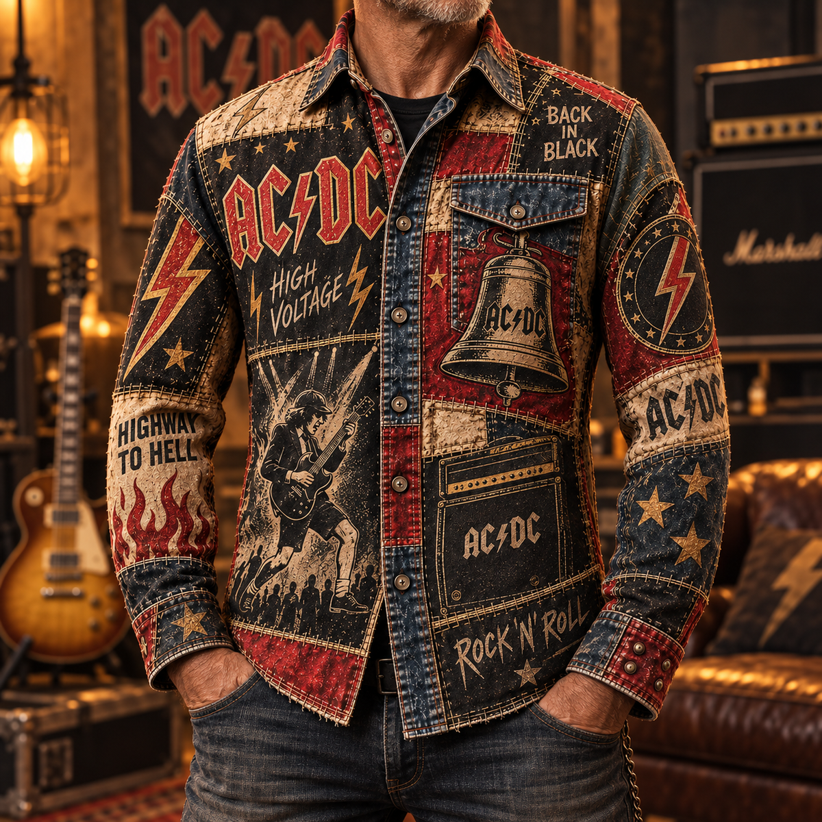 AC/DC Patchwork Long Sleeve Shirt – Back in Black, Highway to Hell & Hells Bells Vintage Rock Button Up, Classic Rock Fan Gift